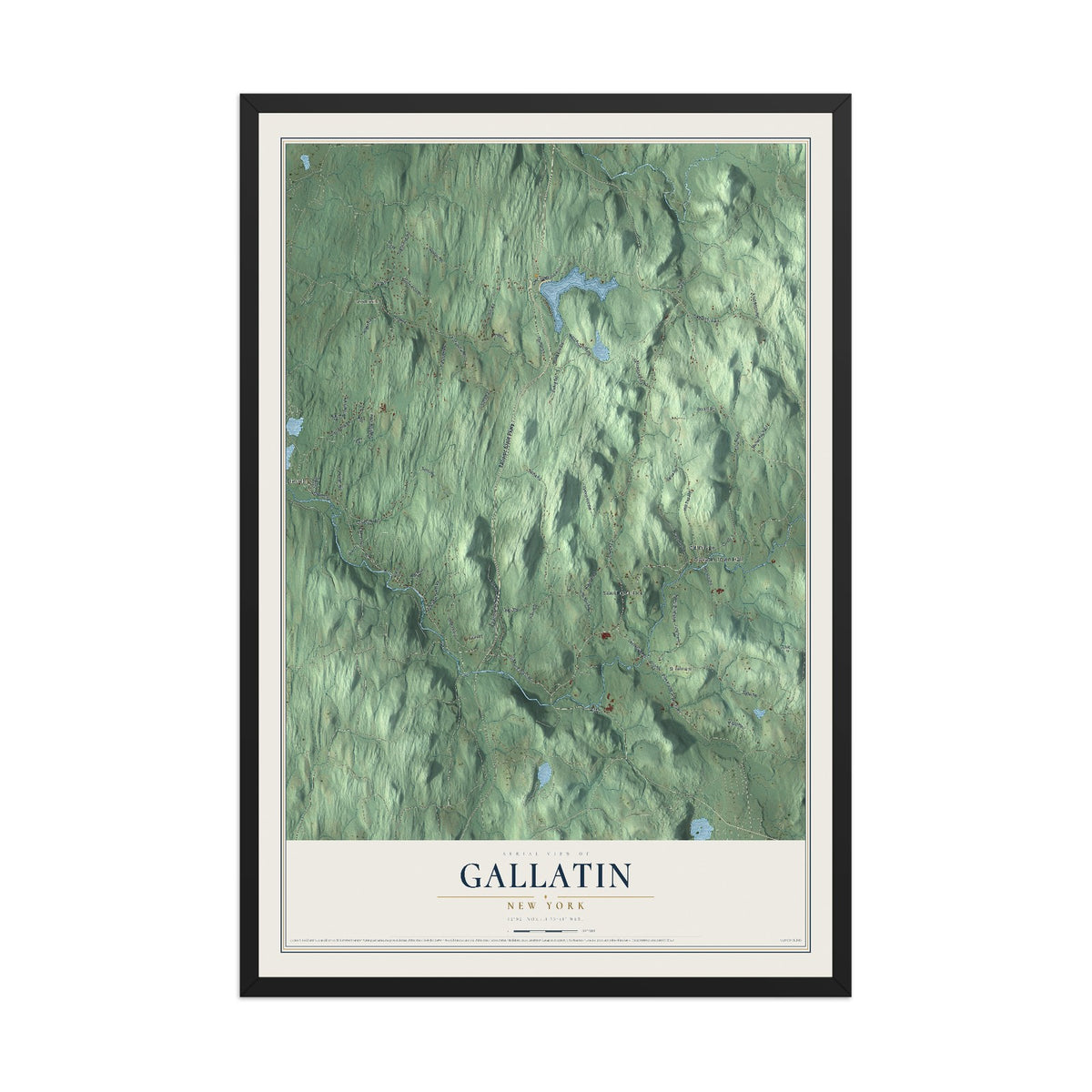 Gallatin, New York map print, 12" x 18" W/ Black Ayous Wood Frame mockup