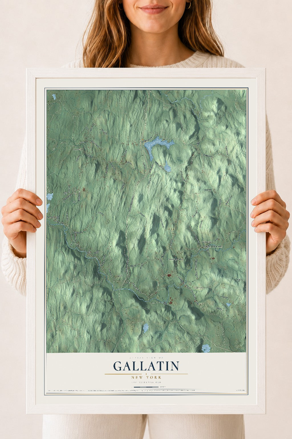 Gallatin, New York map print, 18" x 24" W/ White Ayous Wood Frame mockup