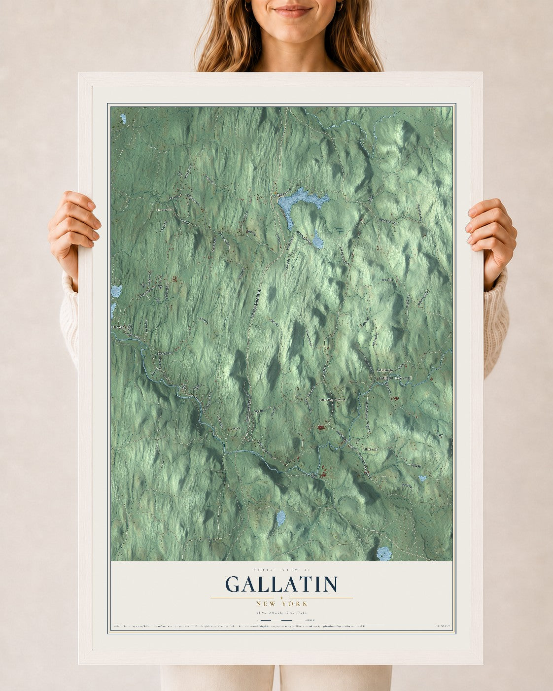 Gallatin, New York map print, 24" x 36" W/ White Ayous Wood Frame mockup