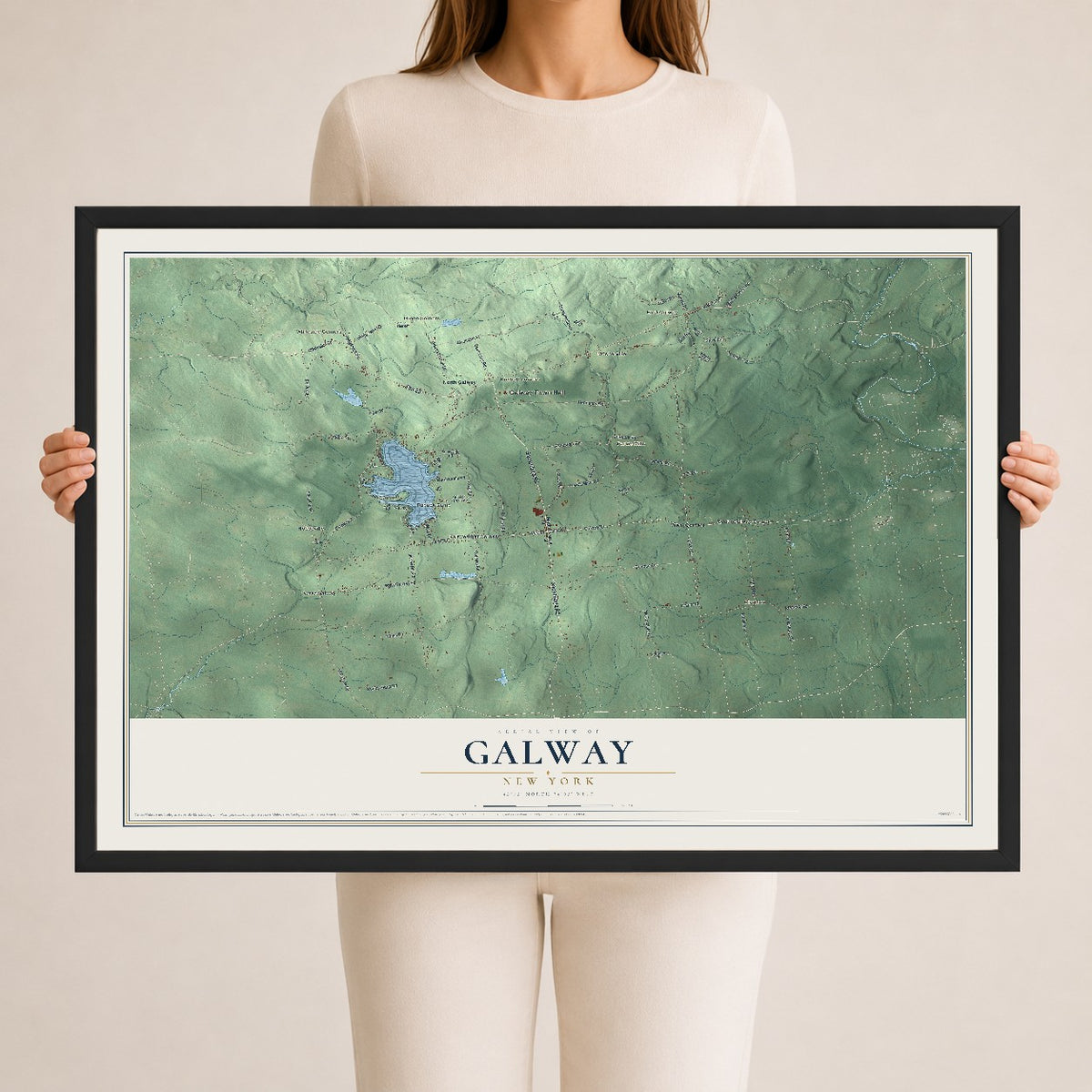 Galway, New York map print, 24" x 36" W/ Black Ayous Wood Frame mockup
