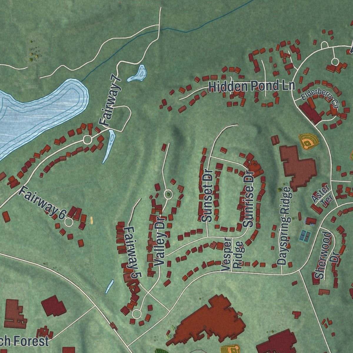 Close-up of the map of Gananda, New York print showing street and building detail