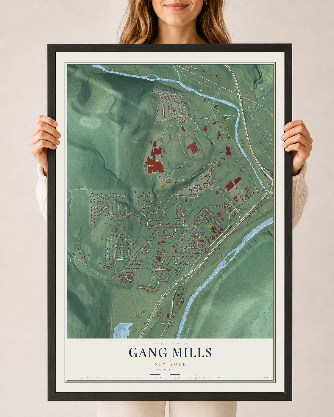 Gang Mills, New York map print, 24" x 36" W/ Black Ayous Wood Frame mockup