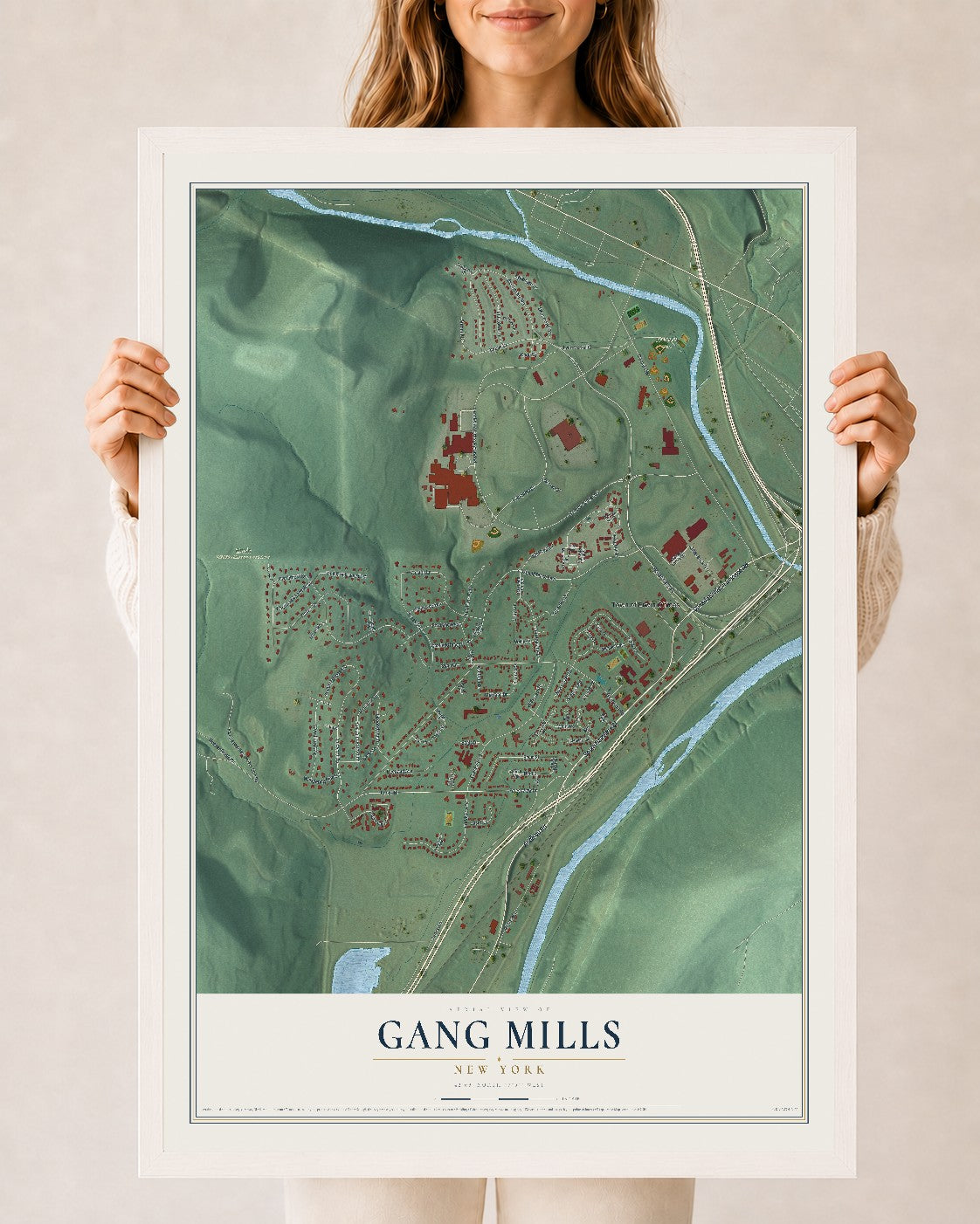 Gang Mills, New York map print, 24" x 36" W/ White Ayous Wood Frame mockup