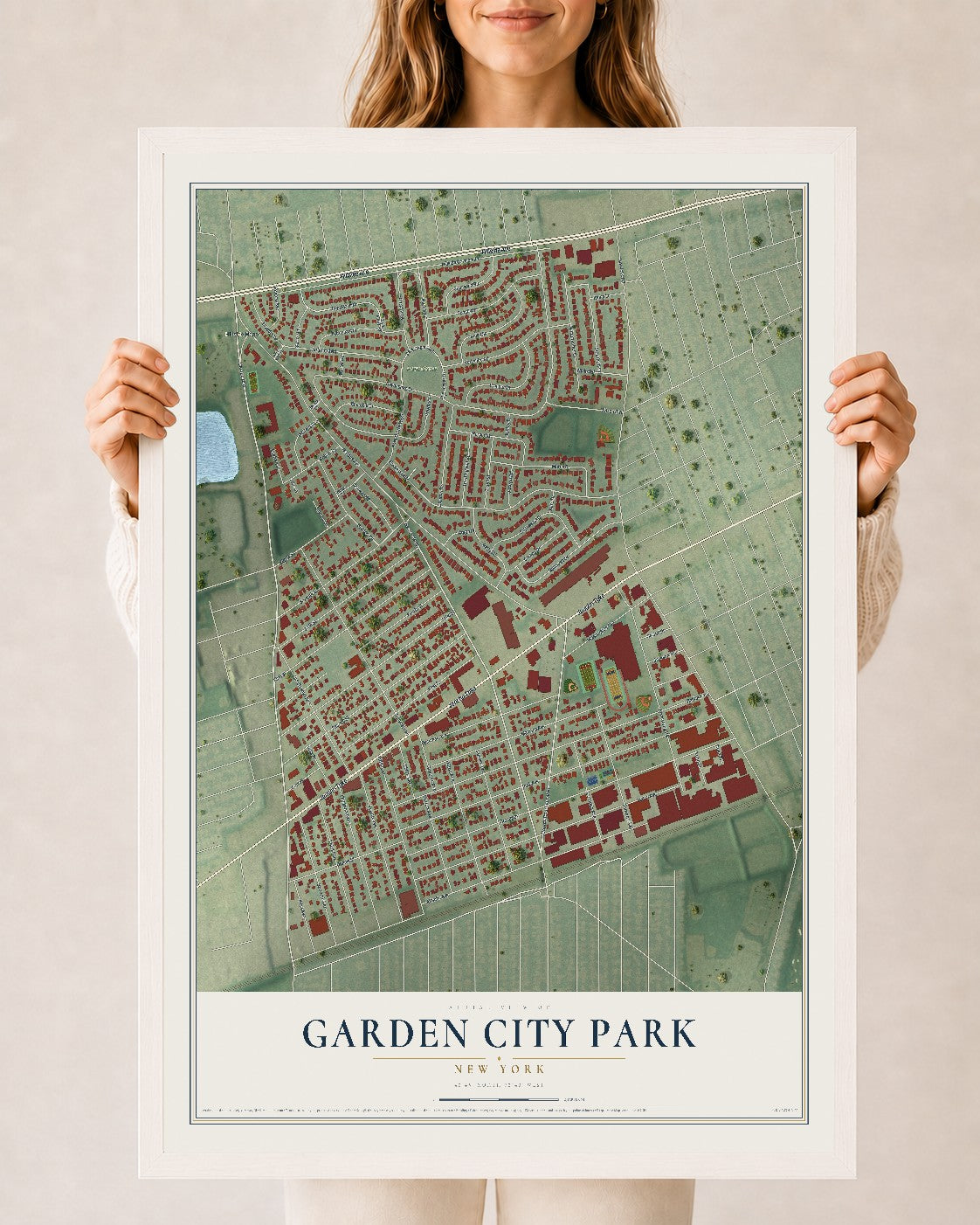 Garden City Park, New York map print, 24" x 36" W/ White Ayous Wood Frame mockup