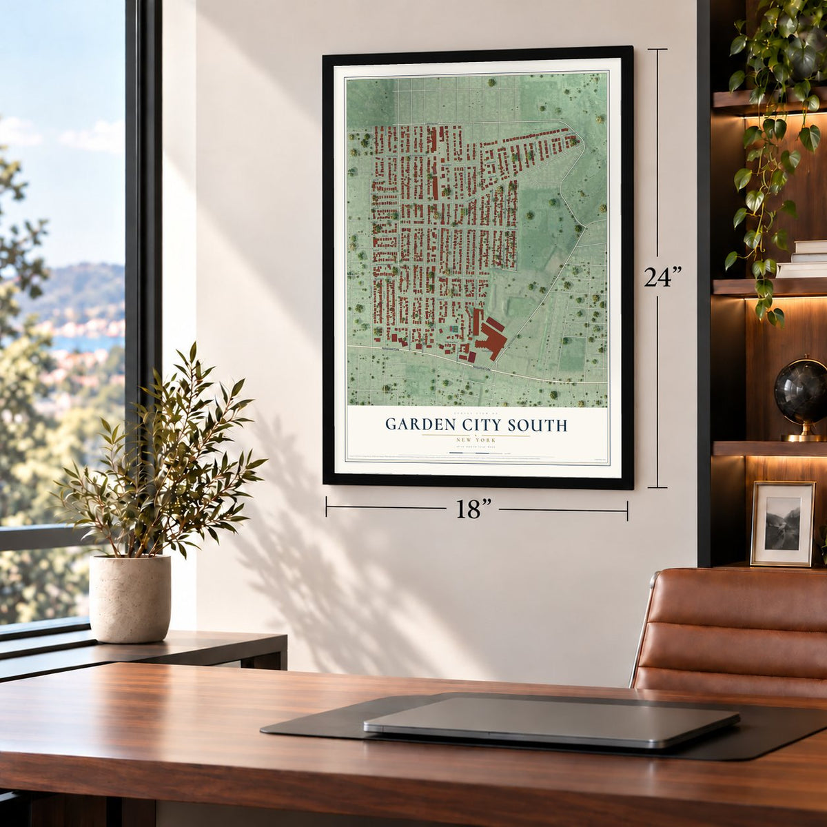 Garden City South, New York map, 18 x 24 inch print in a black frame in a home office
