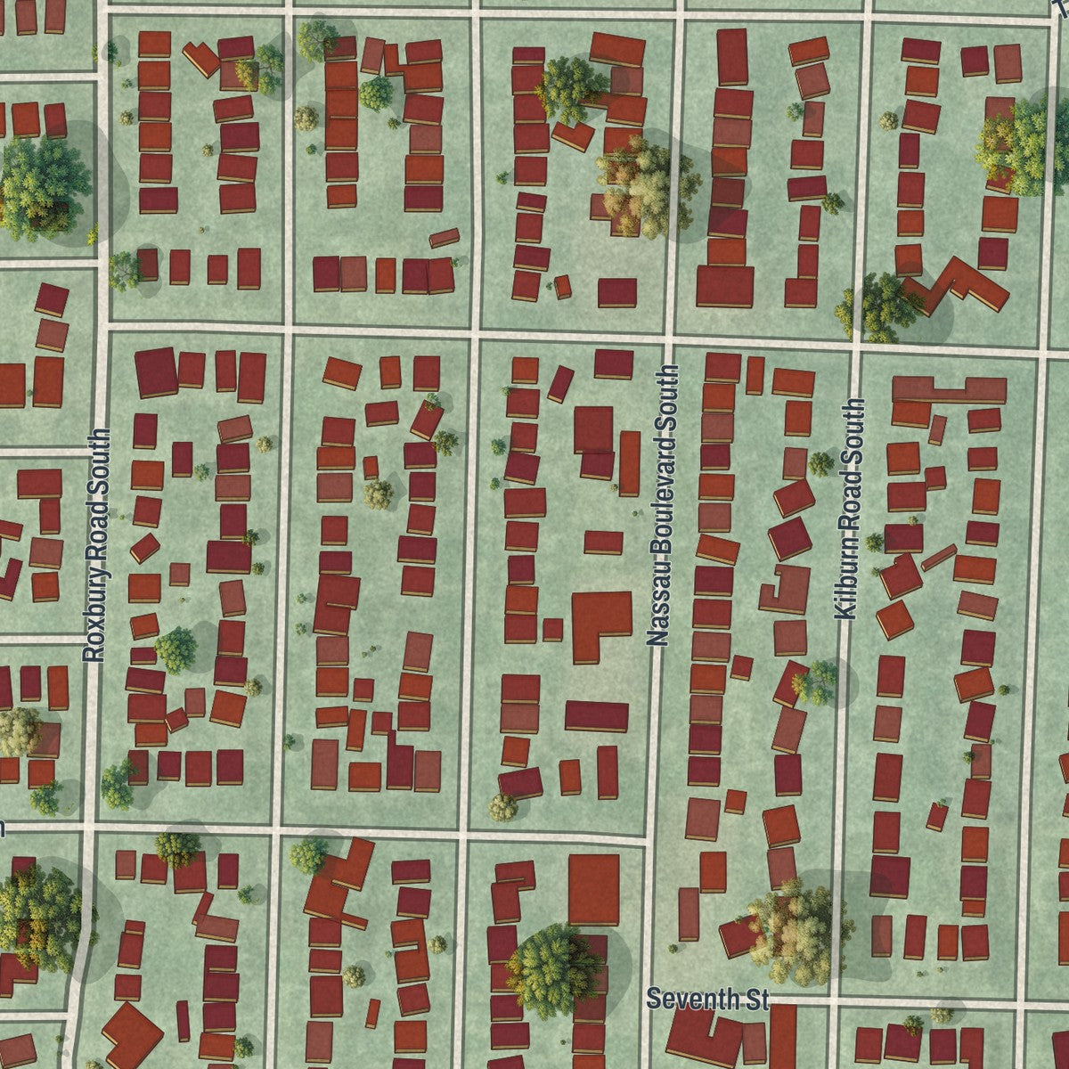 Close-up of the map of Garden City South, New York print showing street and building detail