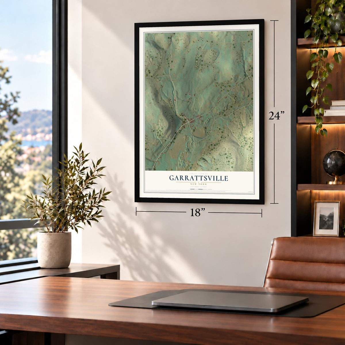 Garrattsville, New York map, 18 x 24 inch print in a black frame in a home office