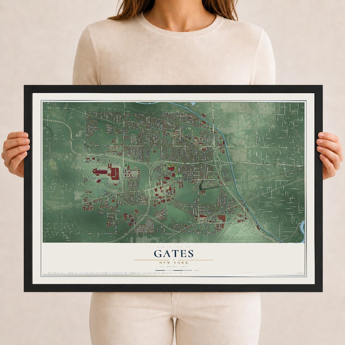 Gates, New York map print, 12" x 18" W/ Black Ayous Wood Frame mockup