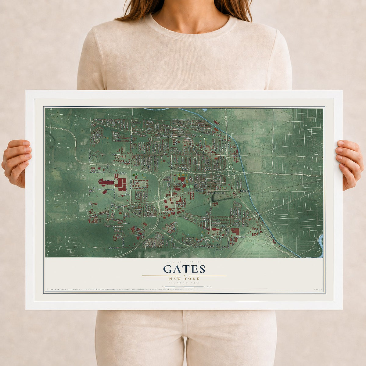 Gates, New York map print, 12" x 18" W/ White Ayous Wood Frame mockup