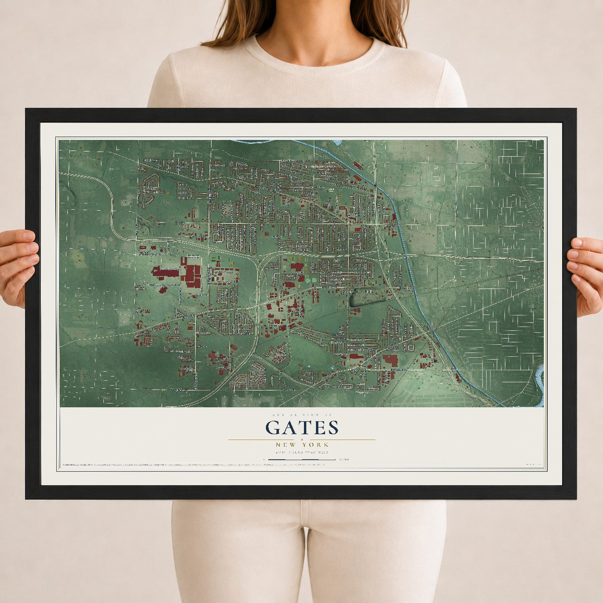 Gates, New York map print, 18" x 24" W/ Black Ayous Wood Frame mockup