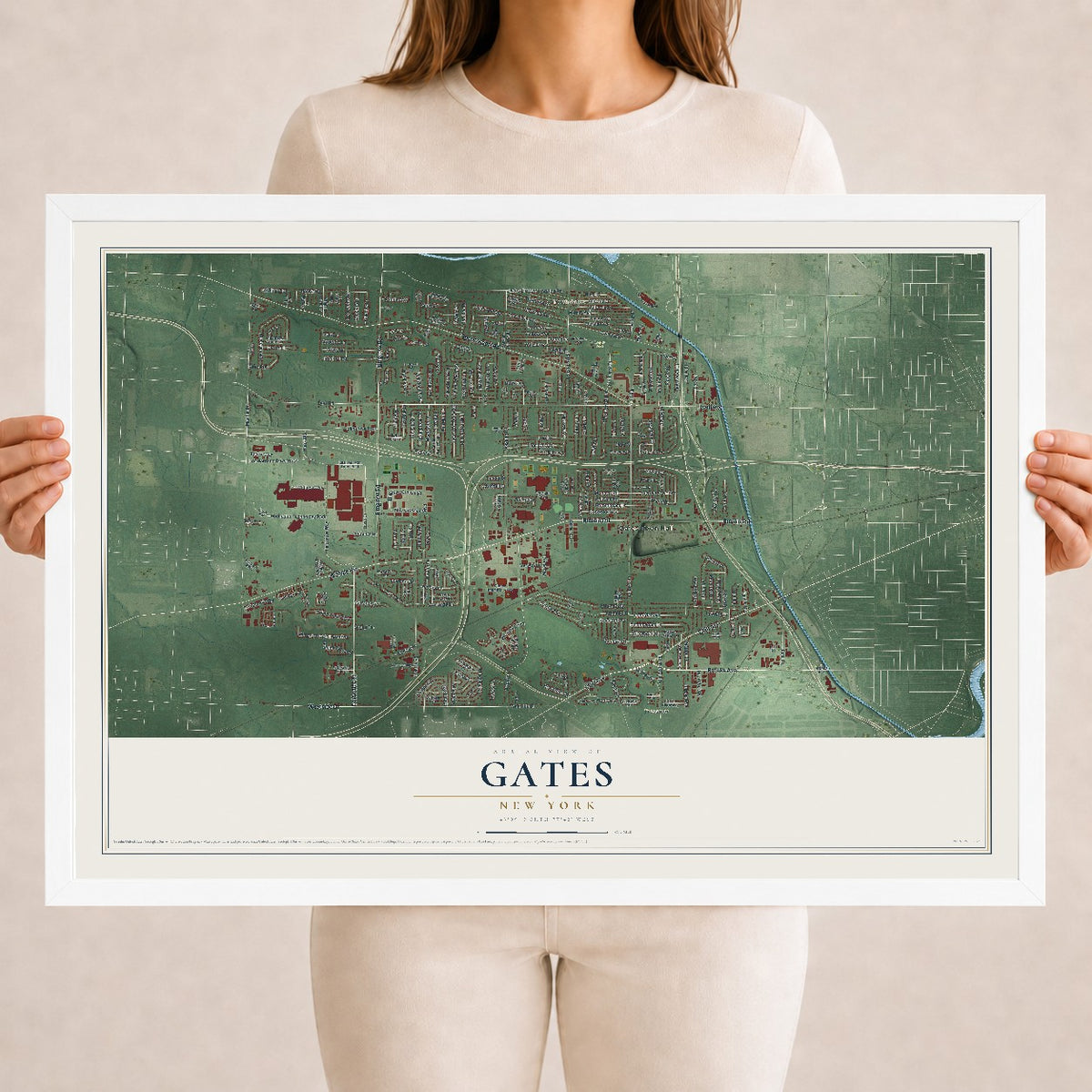 Gates, New York map print, 18" x 24" W/ White Ayous Wood Frame mockup