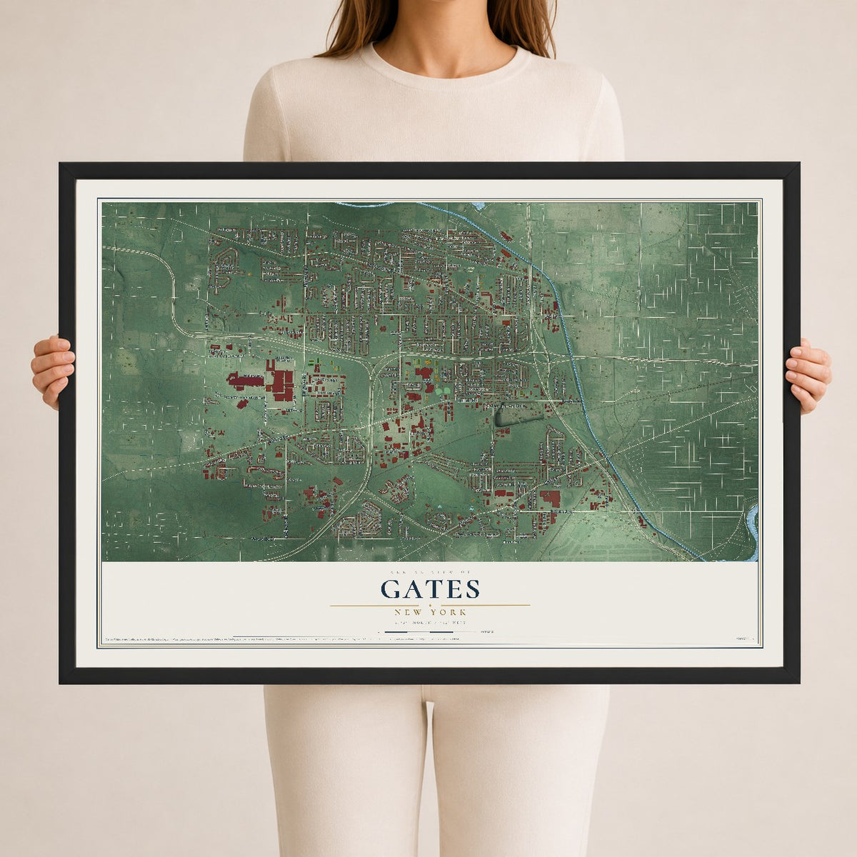 Gates, New York map print, 24" x 36" W/ Black Ayous Wood Frame mockup