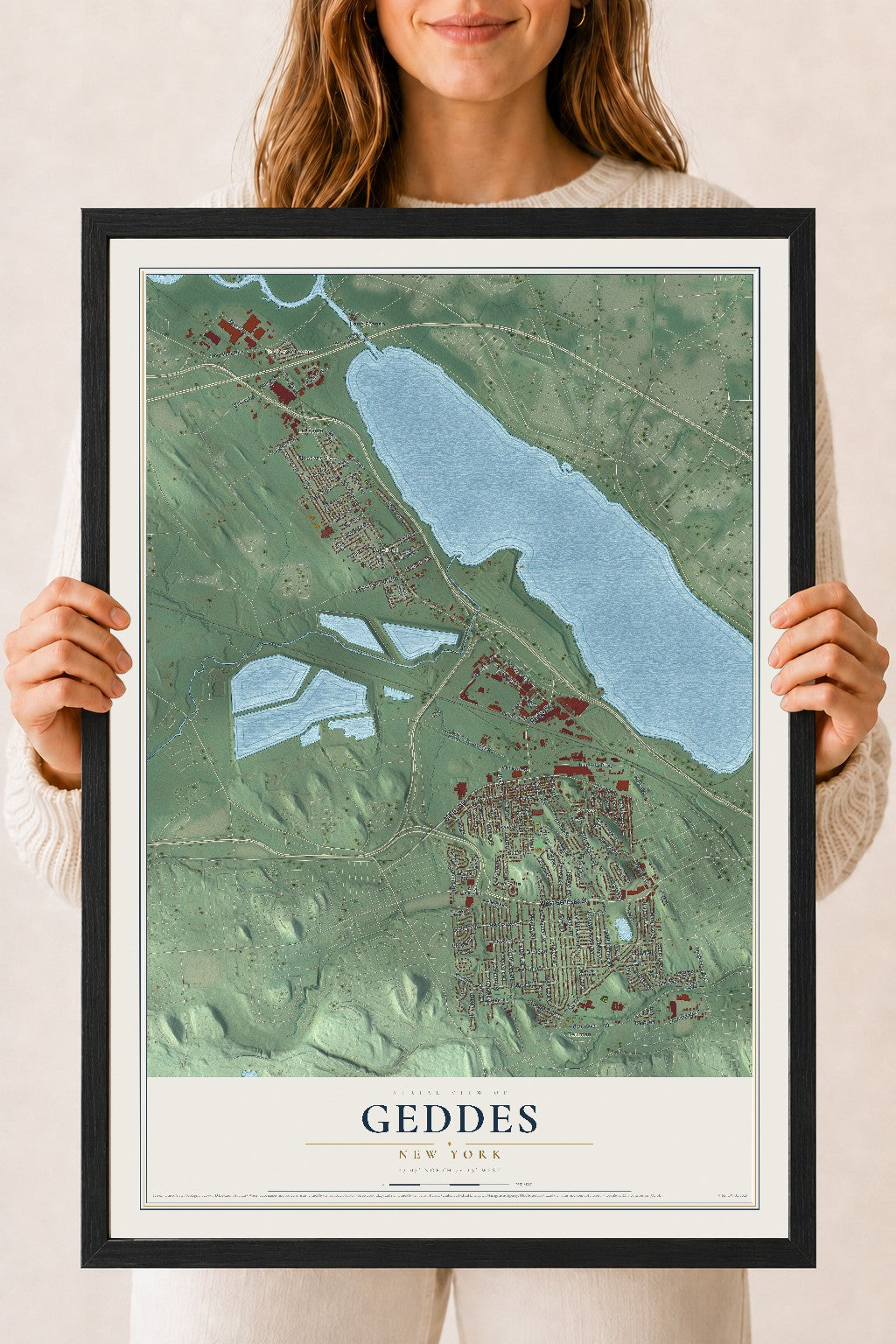 Geddes, New York map print, 18" x 24" W/ Black Ayous Wood Frame mockup