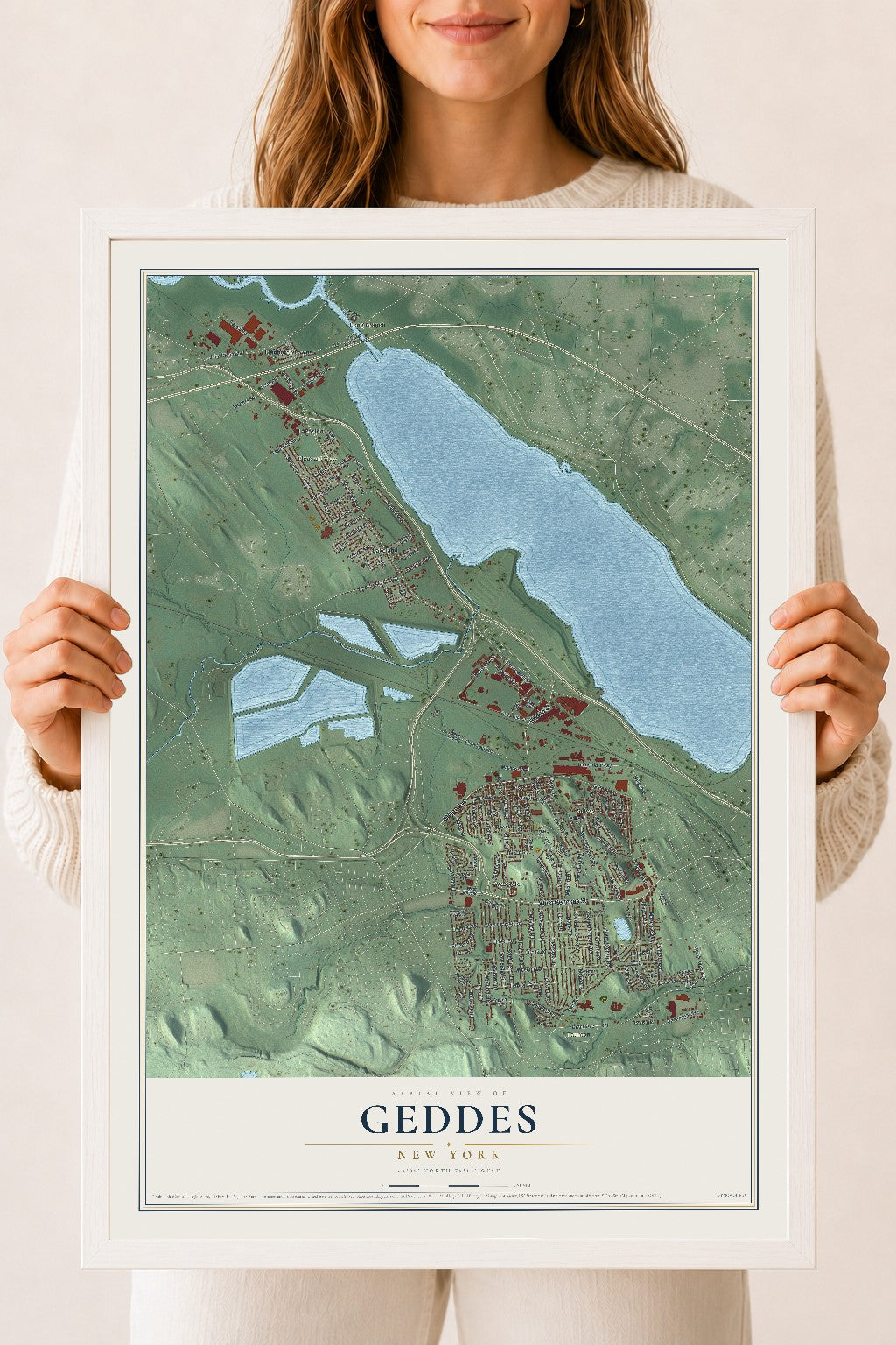 Geddes, New York map print, 18" x 24" W/ White Ayous Wood Frame mockup