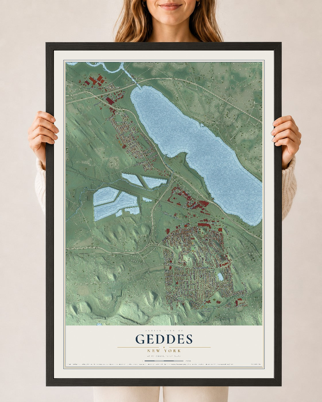 Geddes, New York map print, 24" x 36" W/ Black Ayous Wood Frame mockup
