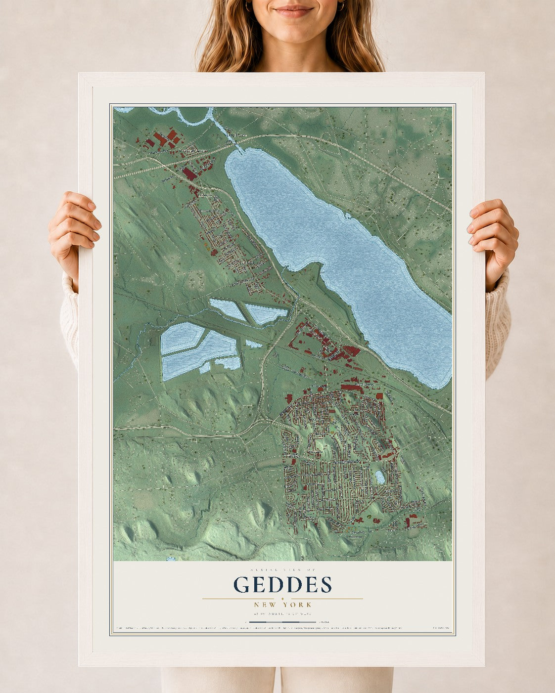 Geddes, New York map print, 24" x 36" W/ White Ayous Wood Frame mockup