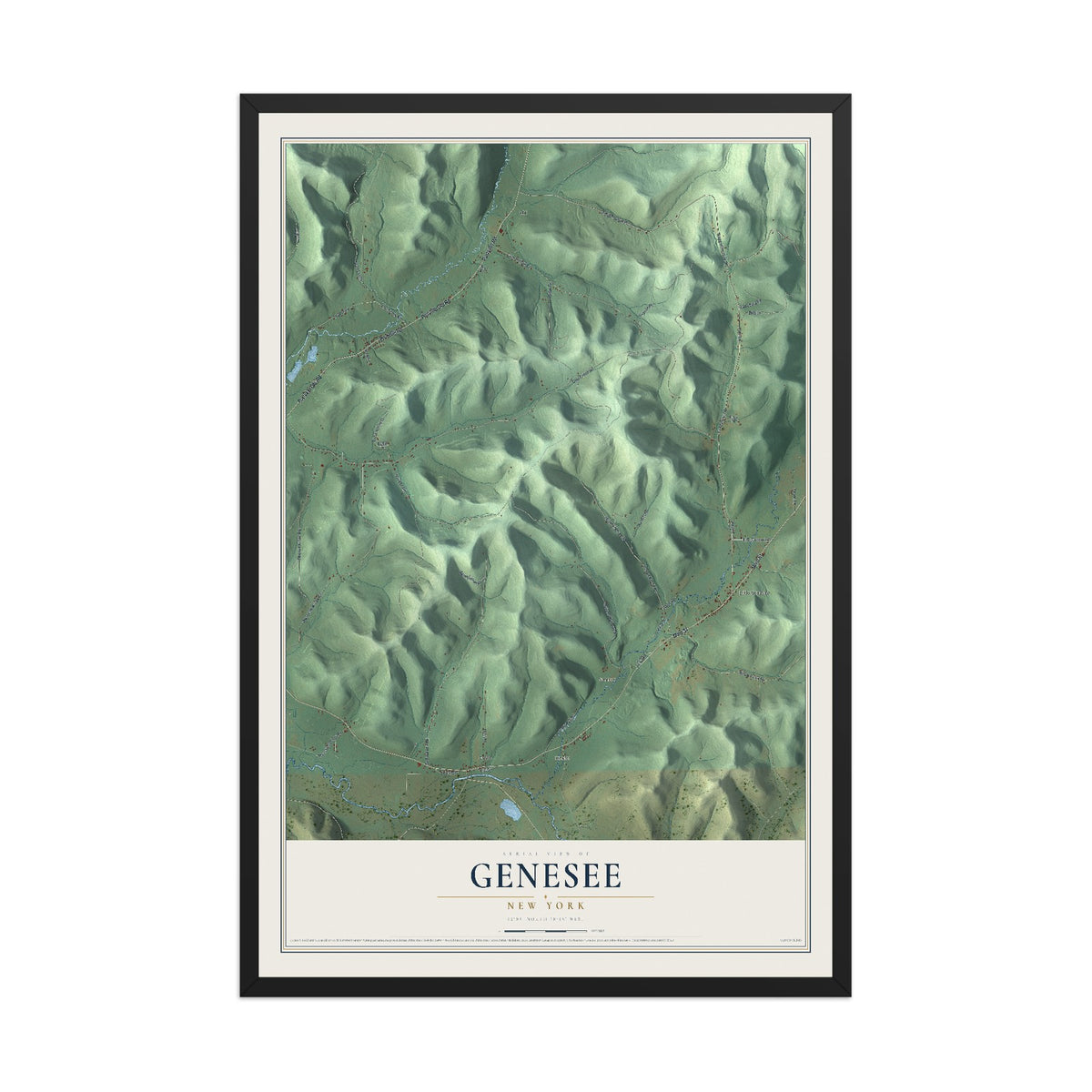 Genesee, New York map print, 12" x 18" W/ Black Ayous Wood Frame mockup