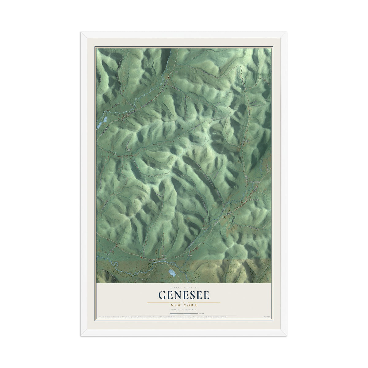 Genesee, New York map print, 12" x 18" W/ White Ayous Wood Frame mockup