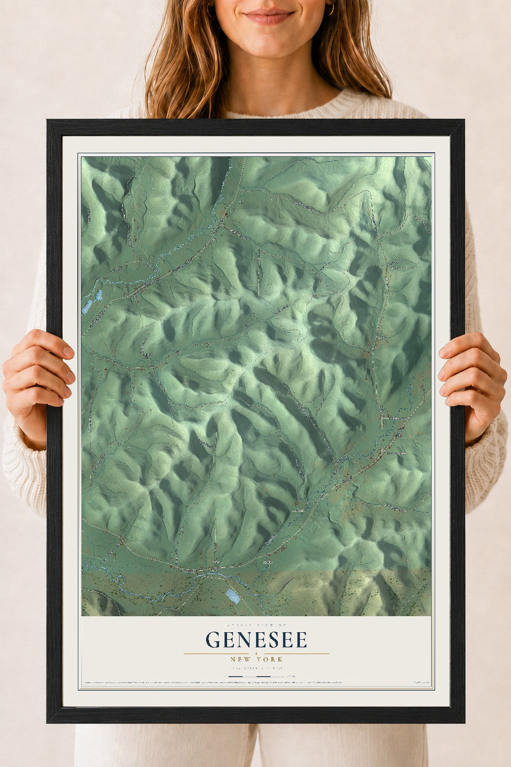 Genesee, New York map print, 18" x 24" W/ Black Ayous Wood Frame mockup