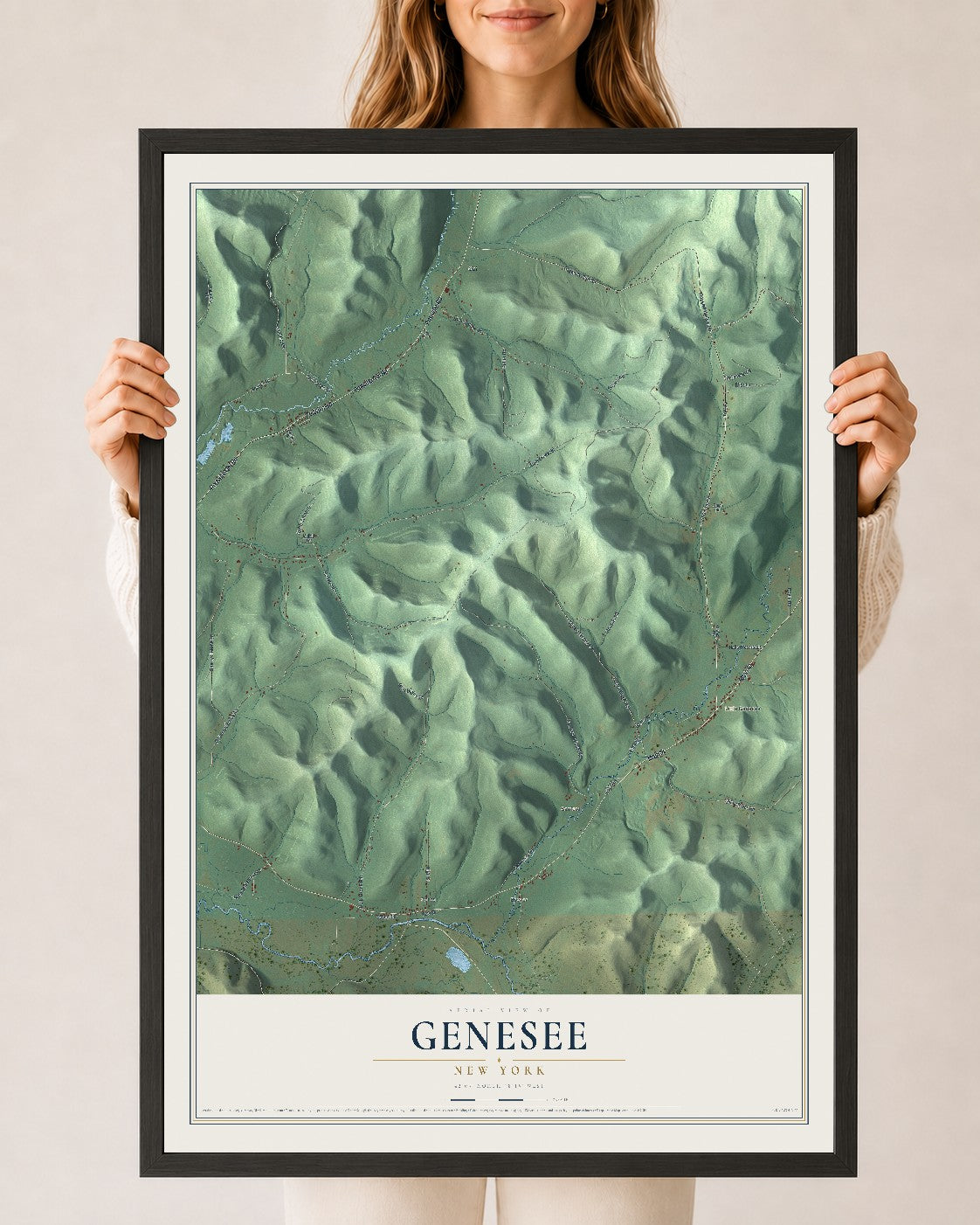 Genesee, New York map print, 24" x 36" W/ Black Ayous Wood Frame mockup