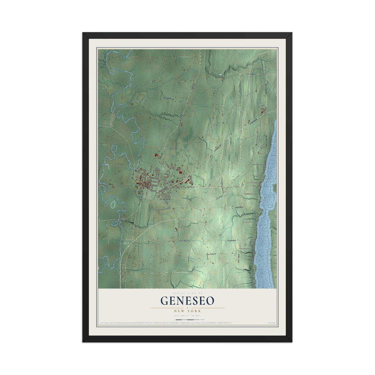 Geneseo, New York map print, 12" x 18" W/ Black Ayous Wood Frame mockup