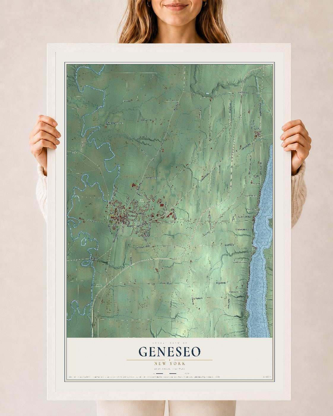 Geneseo, New York map print, 24" x 36" W/ White Ayous Wood Frame mockup