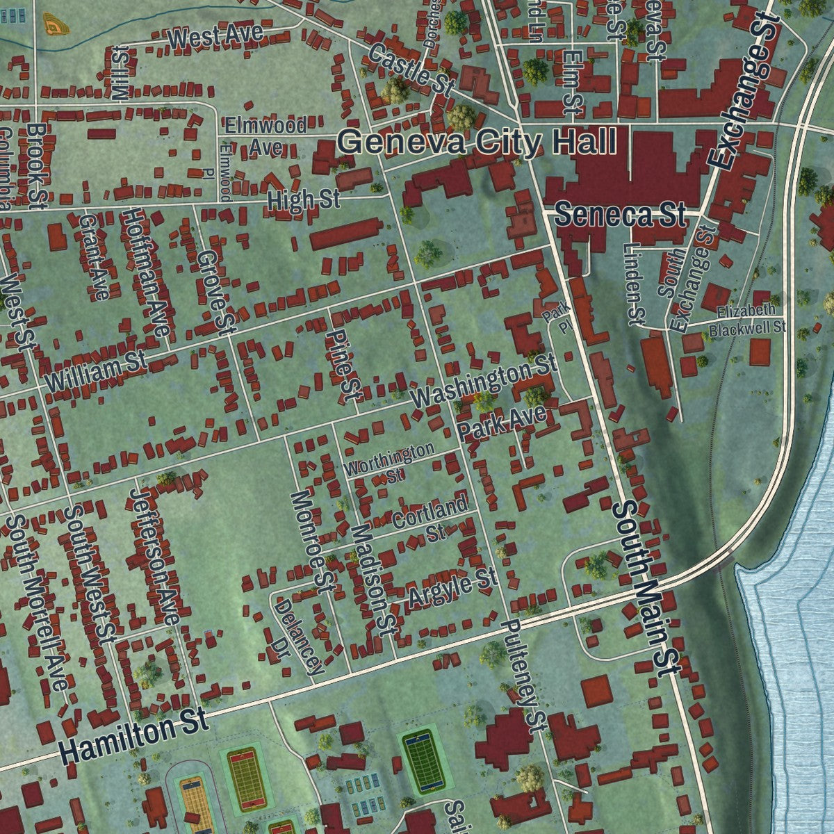 Close-up of the map of the City of Geneva, Ontario County, New York print showing street and building detail
