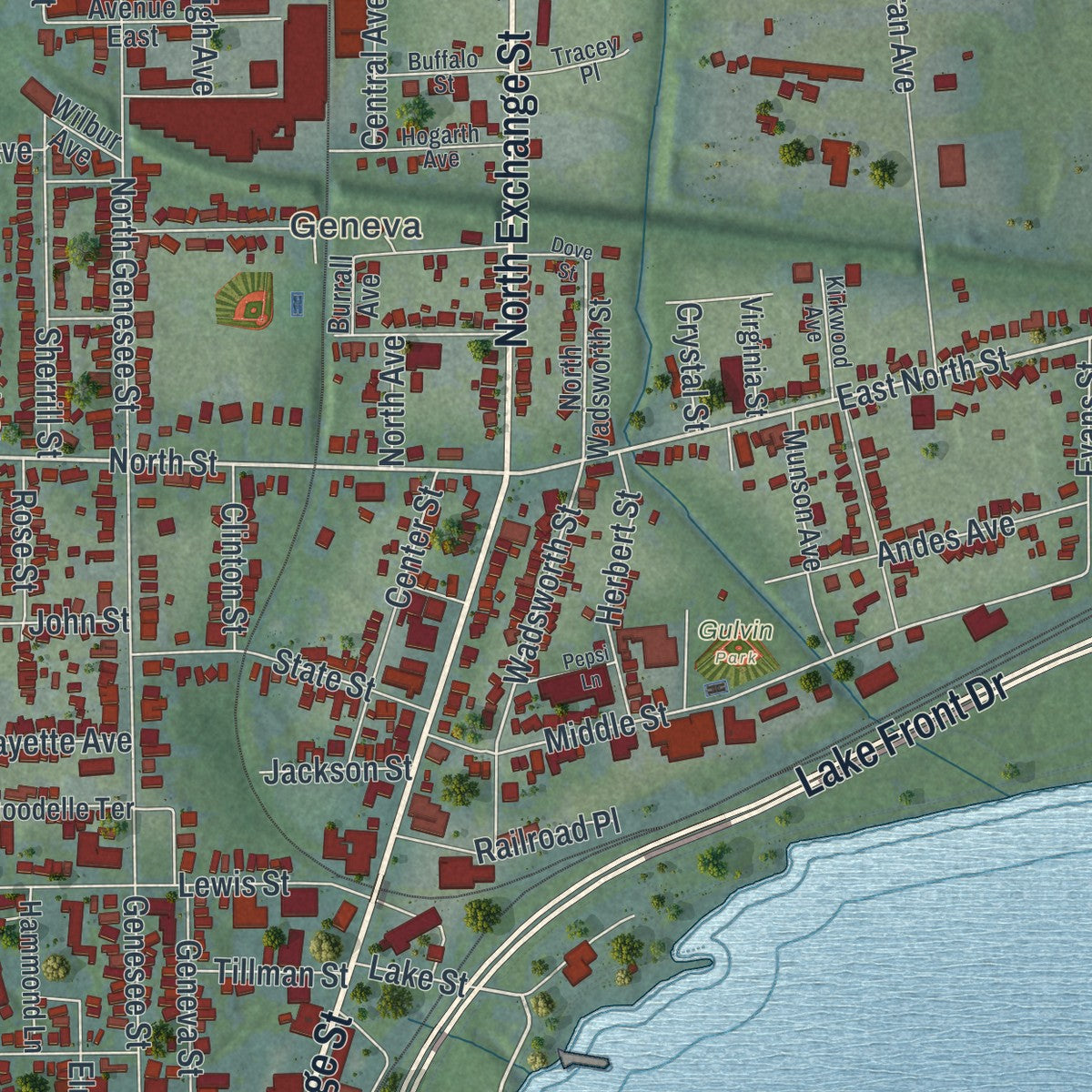 Second close-up of the map of the City of Geneva, Ontario County, New York print showing more streets and buildings