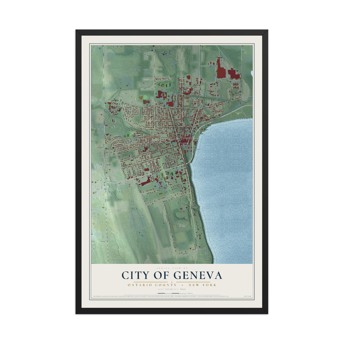 Map of the City of Geneva, Ontario County, New York, 12 x 18 inch print in a black wood frame