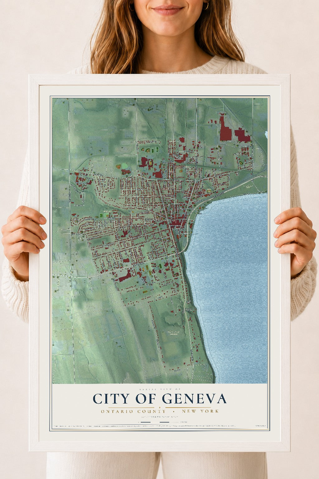 Map of the City of Geneva, Ontario County, New York, 18 x 24 inch print in a white wood frame