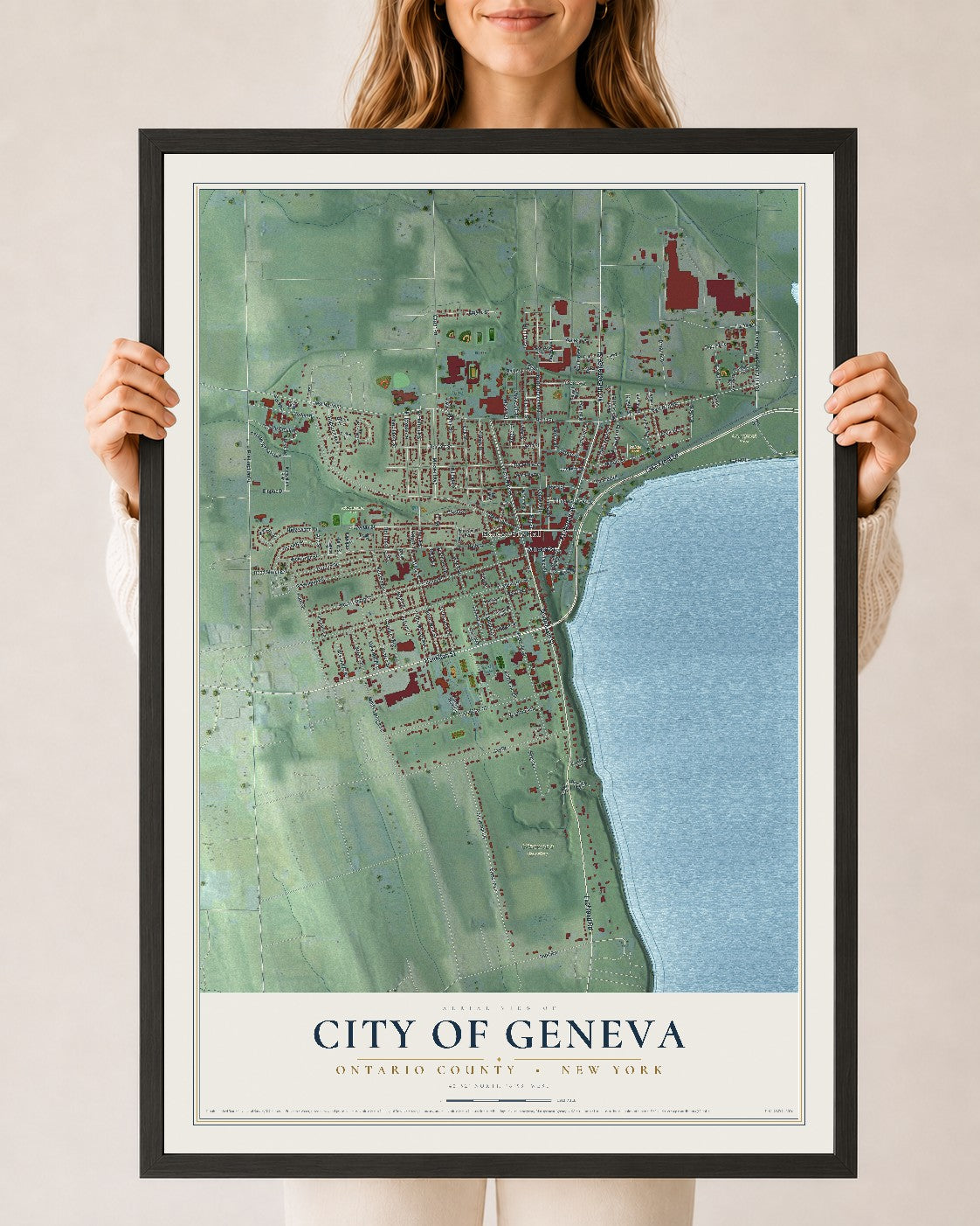 Map of the City of Geneva, Ontario County, New York, 24 x 36 inch print in a black wood frame