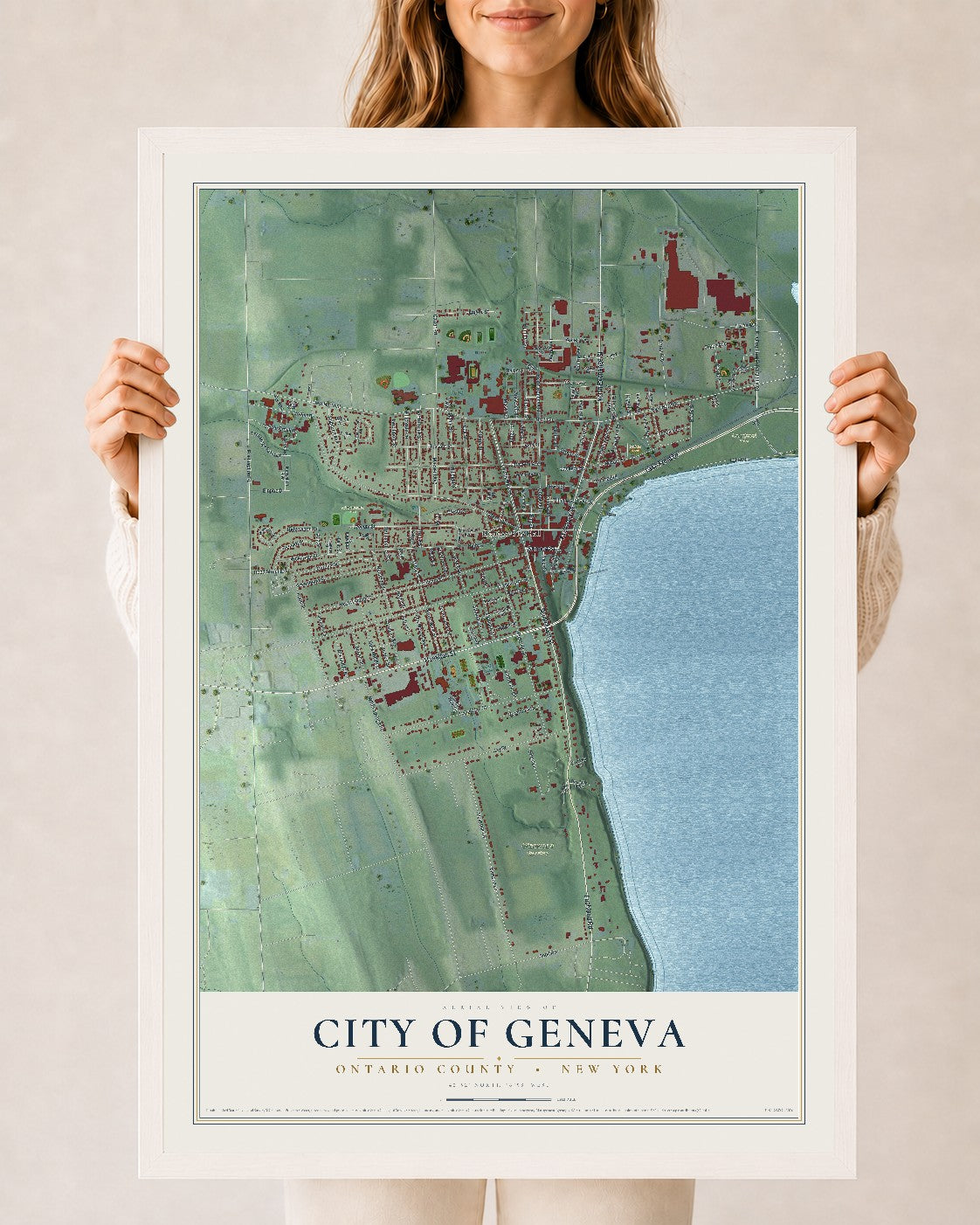 Map of the City of Geneva, Ontario County, New York, 24 x 36 inch print in a white wood frame
