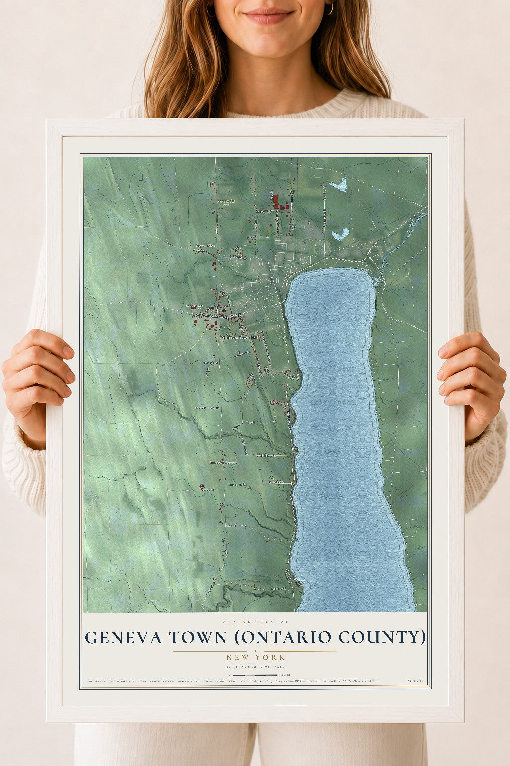 Geneva Town (Ontario County), New York map print, 18" x 24" W/ White Ayous Wood Frame mockup