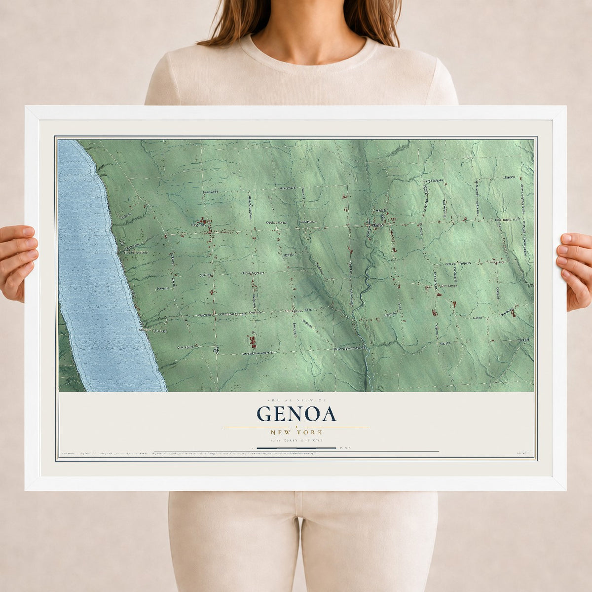 Genoa, New York map print, 18" x 24" W/ White Ayous Wood Frame mockup
