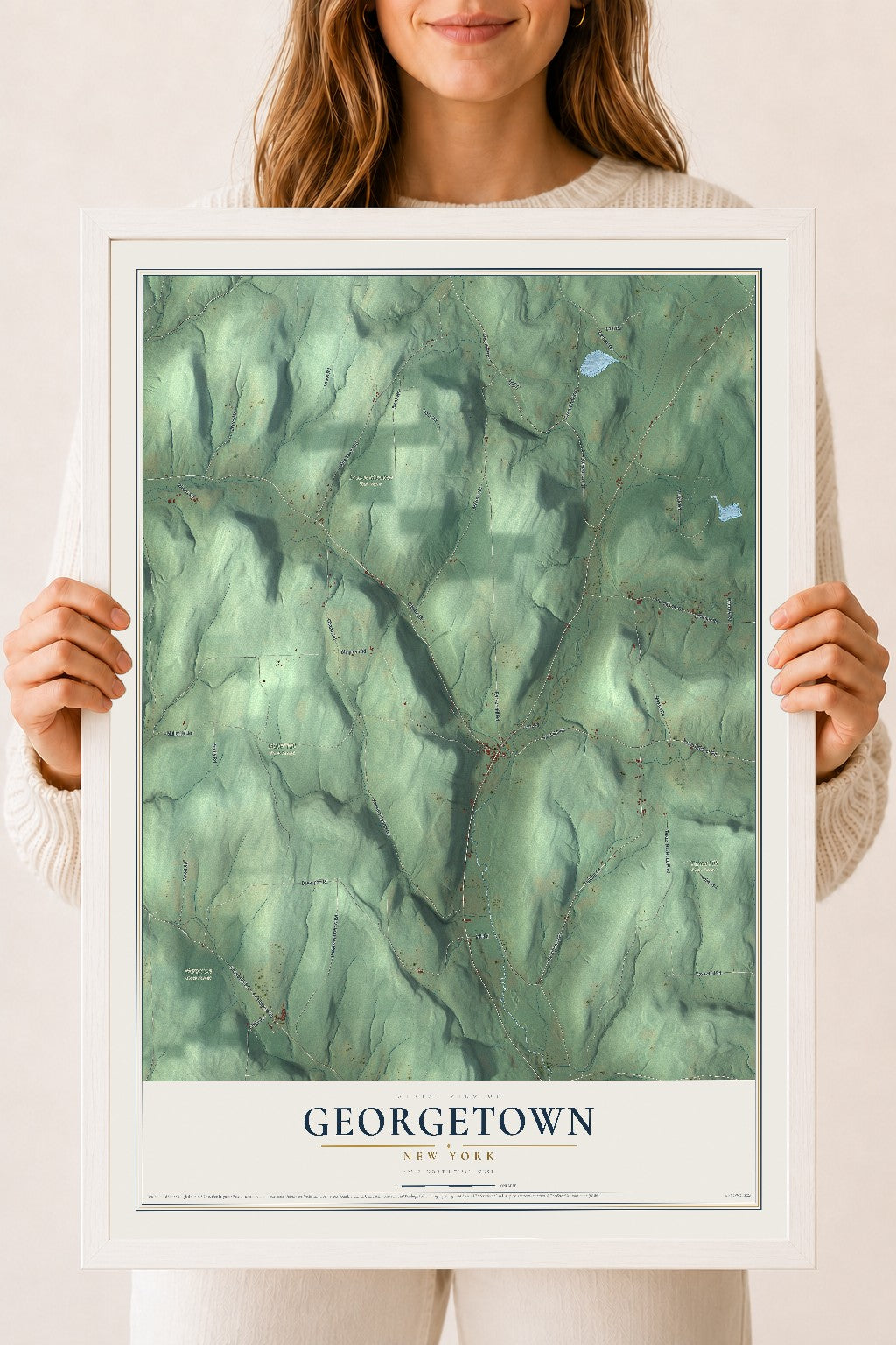 Georgetown, New York map print, 18" x 24" W/ White Ayous Wood Frame mockup