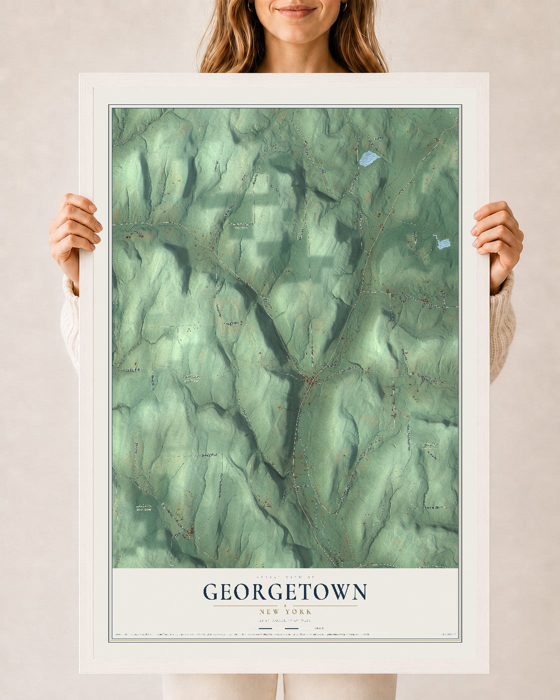 Georgetown, New York map print, 24" x 36" W/ White Ayous Wood Frame mockup