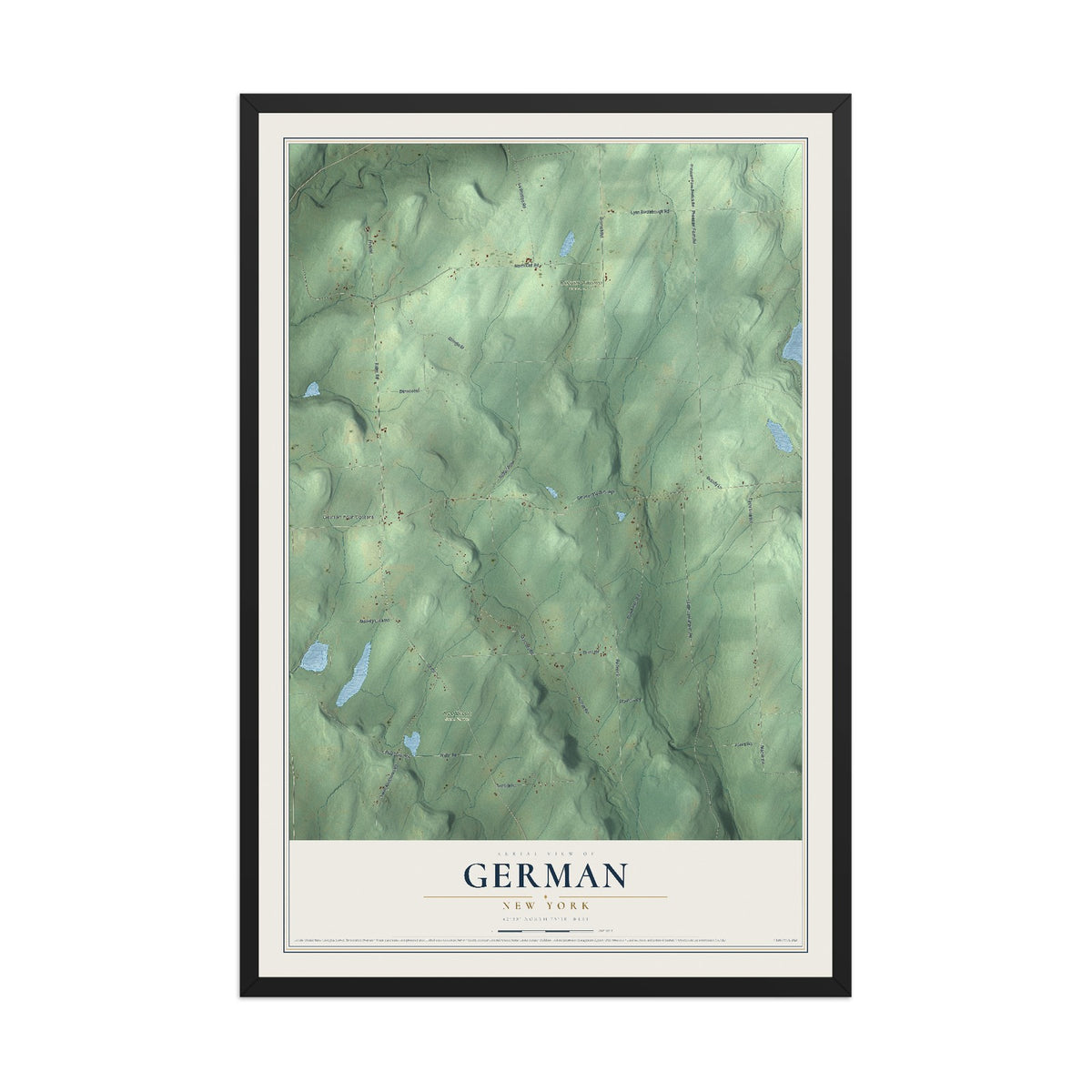 German, New York map print, 12" x 18" W/ Black Ayous Wood Frame mockup