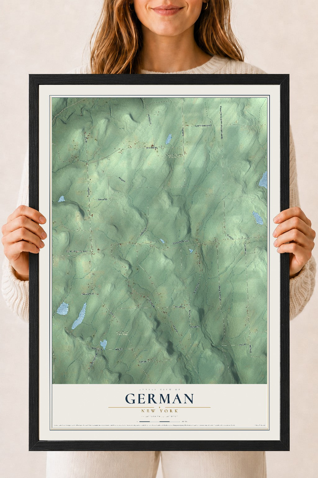 German, New York map print, 18" x 24" W/ Black Ayous Wood Frame mockup