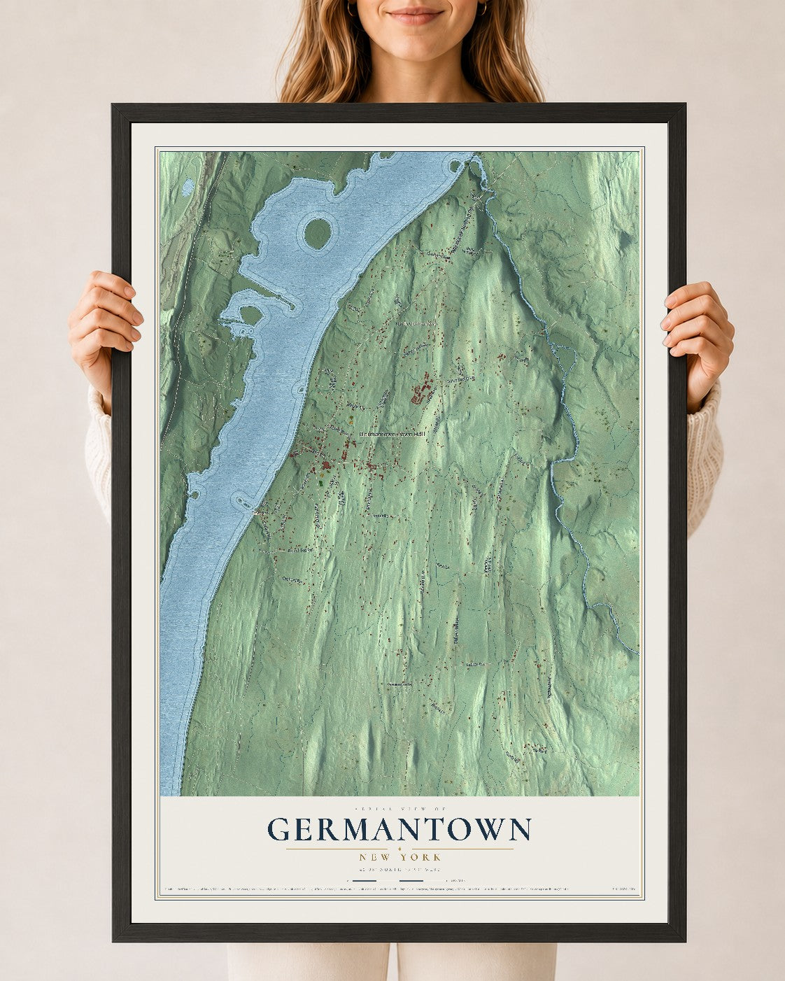 Germantown, New York map print, 24" x 36" W/ Black Ayous Wood Frame mockup