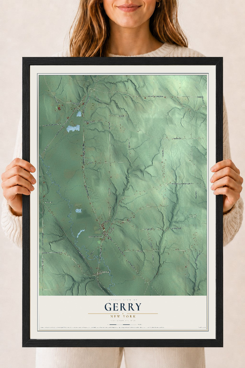 Gerry, New York map print, 18" x 24" W/ Black Ayous Wood Frame mockup