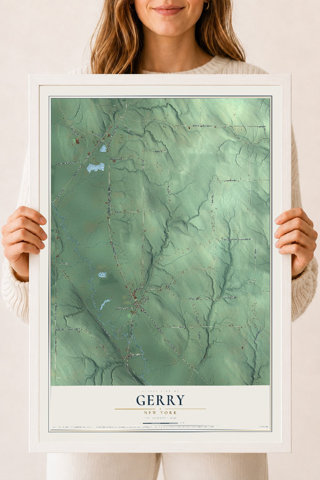 Gerry, New York map print, 18" x 24" W/ White Ayous Wood Frame mockup