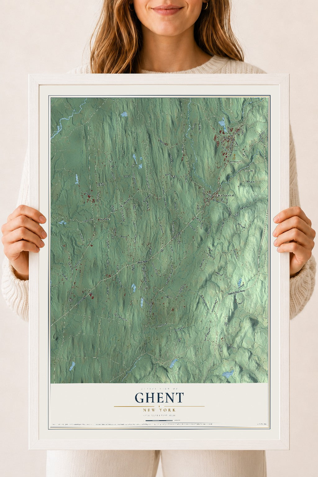 Ghent, New York map print, 18" x 24" W/ White Ayous Wood Frame mockup