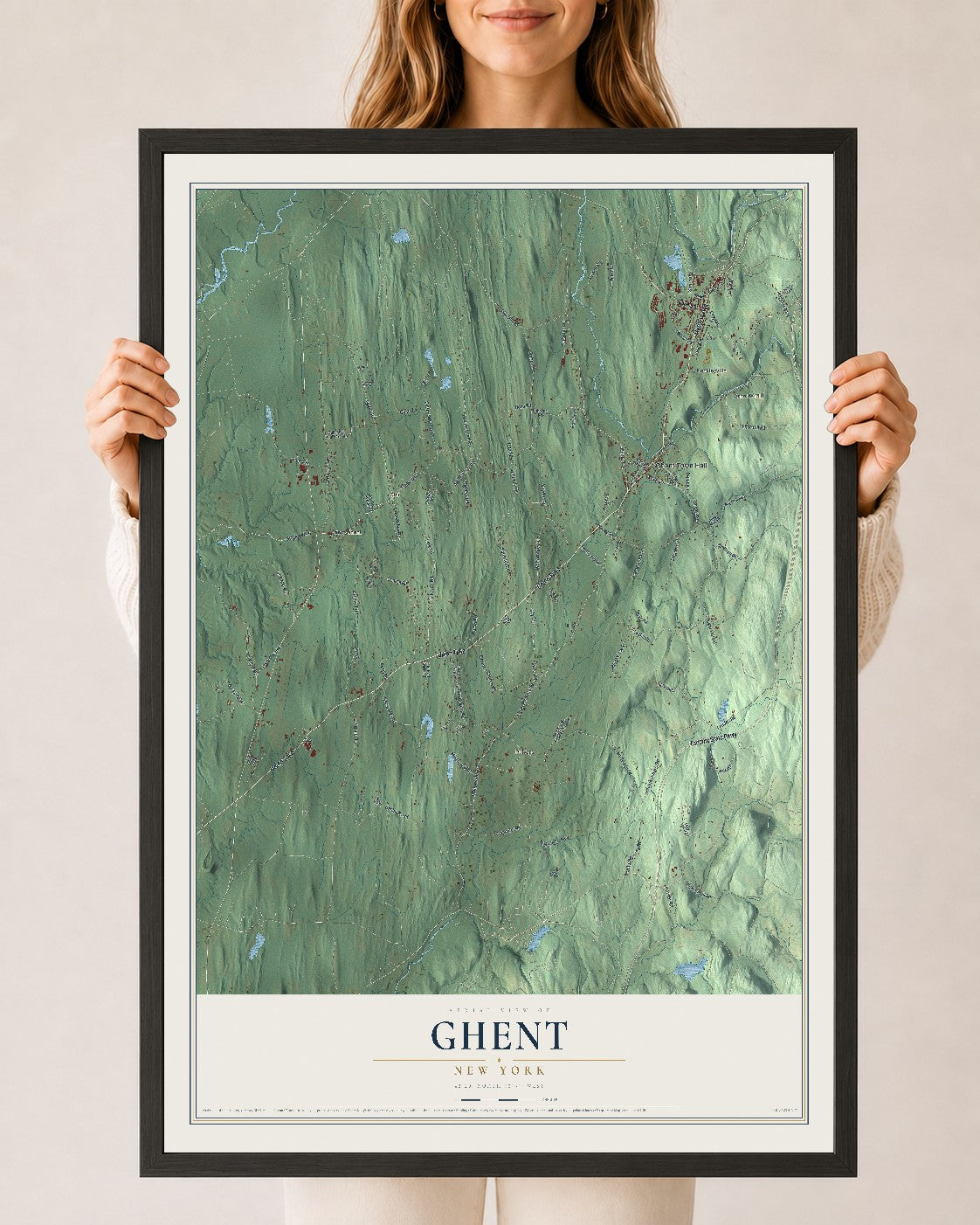 Ghent, New York map print, 24" x 36" W/ Black Ayous Wood Frame mockup