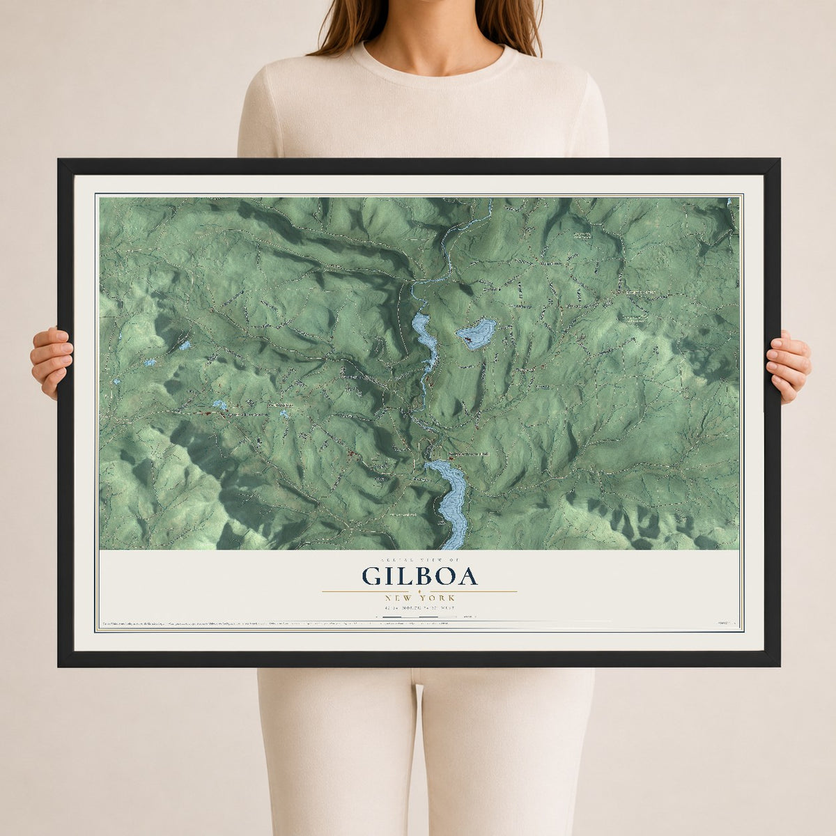 Gilboa, New York map print, 24" x 36" W/ Black Ayous Wood Frame mockup
