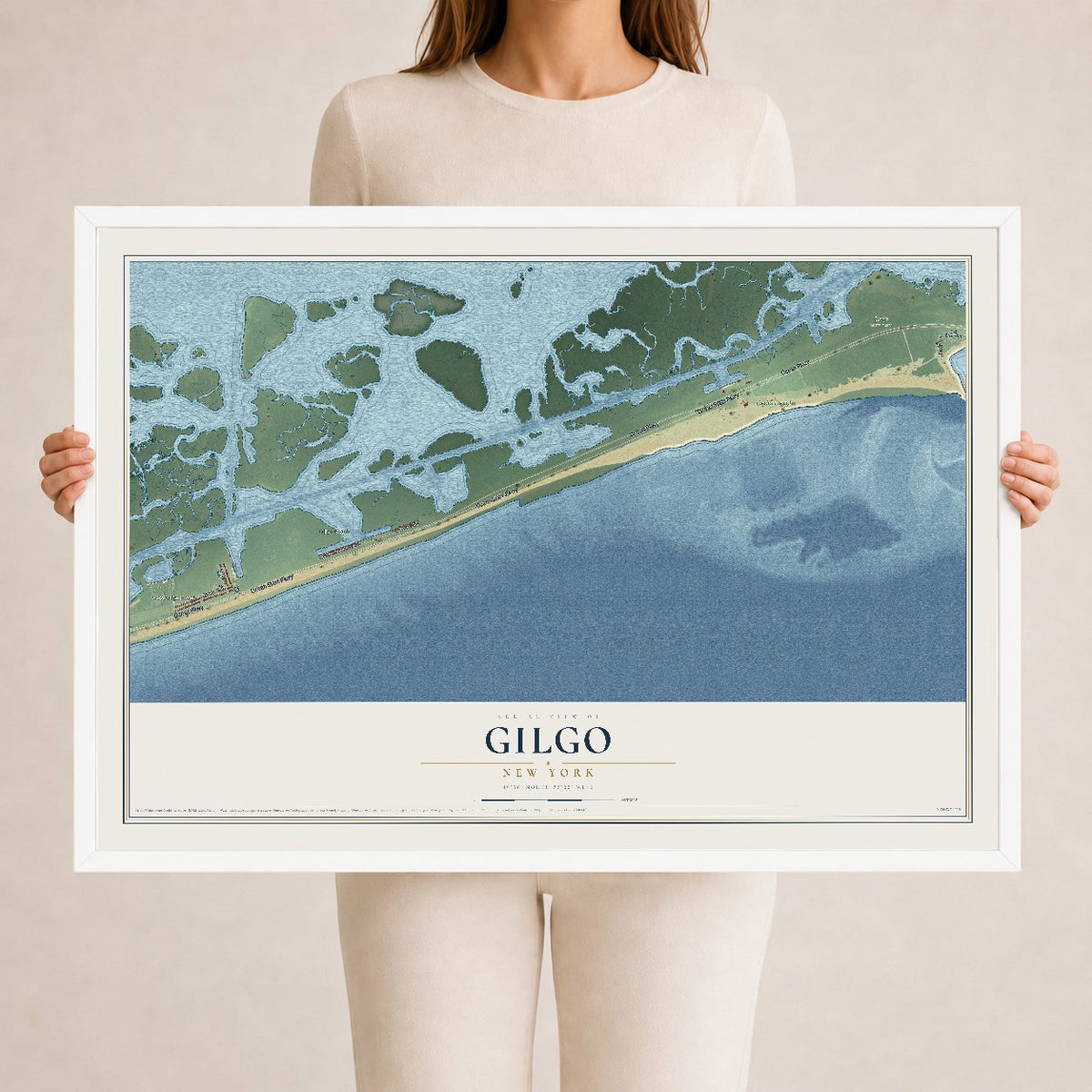Gilgo, New York map print, 24" x 36" W/ White Ayous Wood Frame mockup