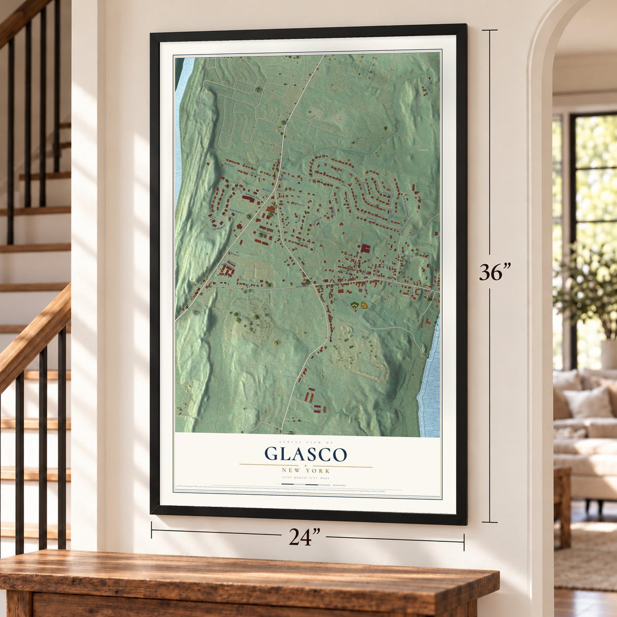 Glasco, New York map, 24 x 36 inch print in a black frame by a staircase