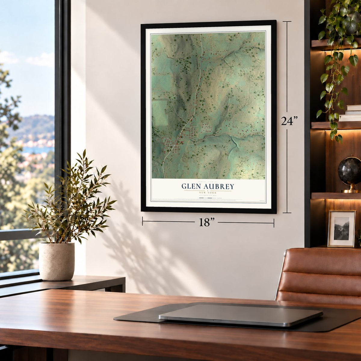 Glen Aubrey, New York map, 18 x 24 inch print in a black frame in a home office