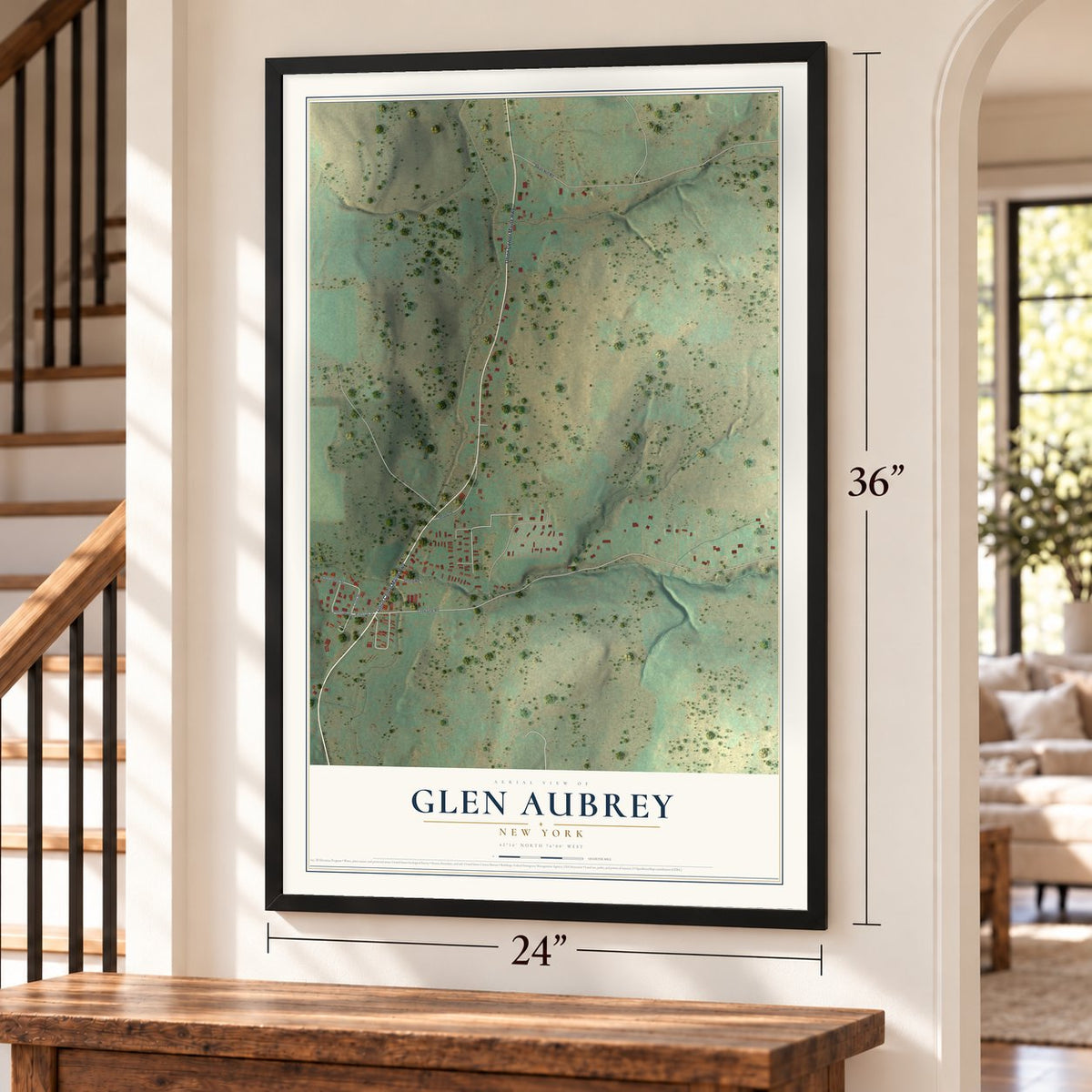 Glen Aubrey, New York map, 24 x 36 inch print in a black frame by a staircase