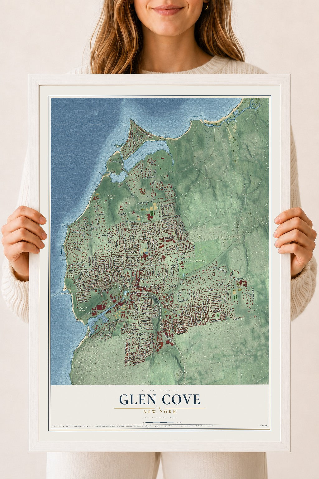 Glen Cove, New York map print, 18" x 24" W/ White Ayous Wood Frame mockup