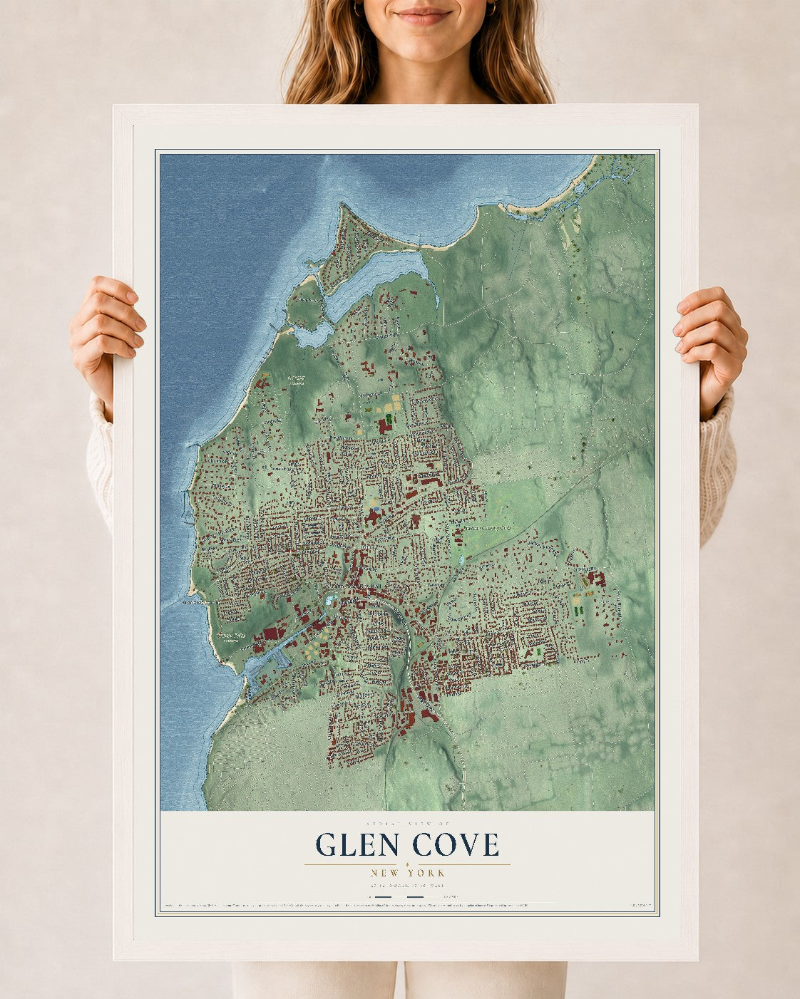 Glen Cove, New York map print, 24" x 36" W/ White Ayous Wood Frame mockup